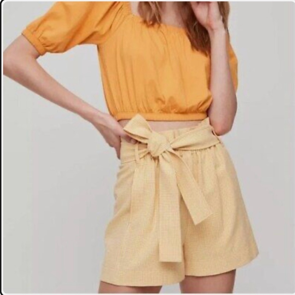 Aritzia Wilfred Gelas Gingham White Yellow High Waisted Belted Shorts SZ…